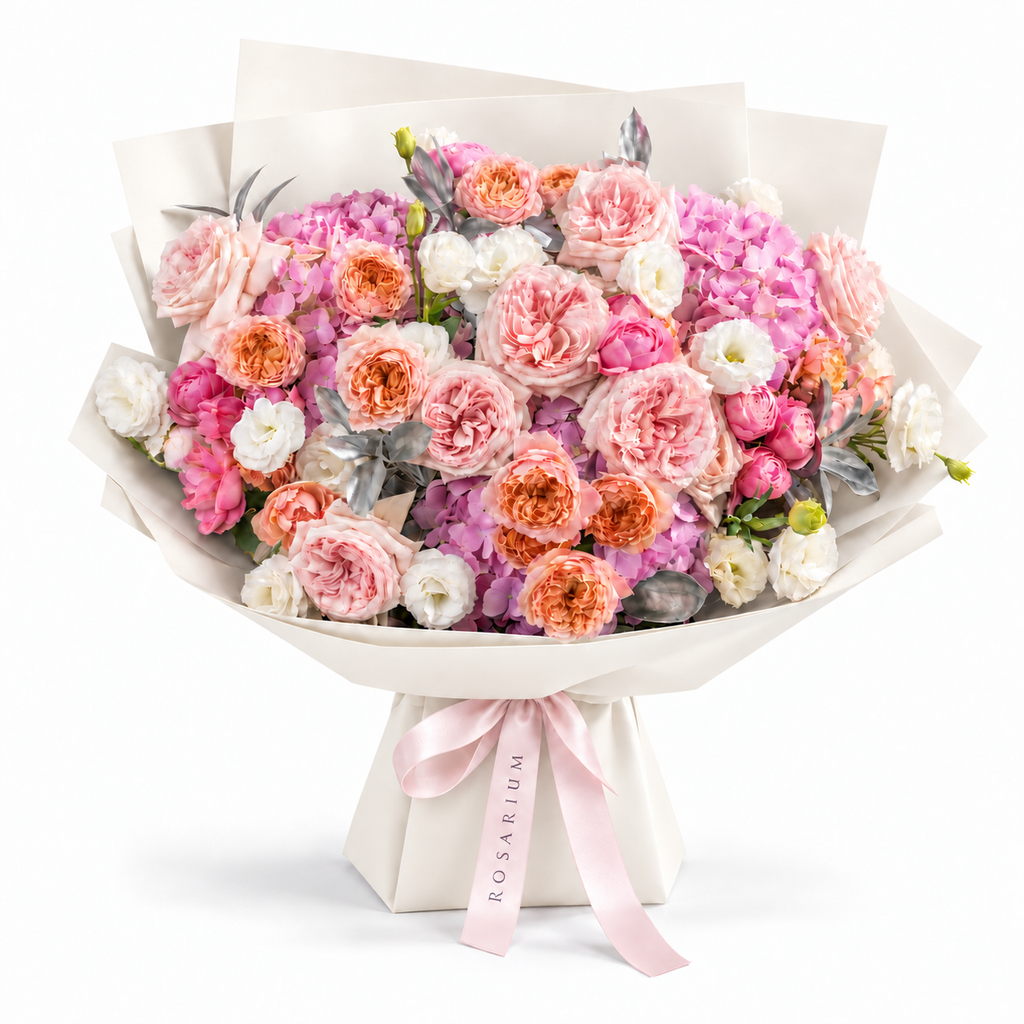 Blush, with Love, pink garden and spray roses, light-pink hydrangea and white lisianthus in off-white wrapping
