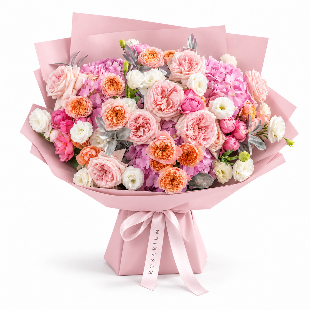 Blush, with Love, pink garden and spray roses, light-pink hydrangea and white lisianthus in light pink wrapping