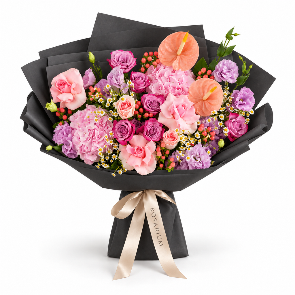 Blush After Dark, deep-purple and pink roses, pink hydrangea, anthuriums and purple lisianthus in black wrapping