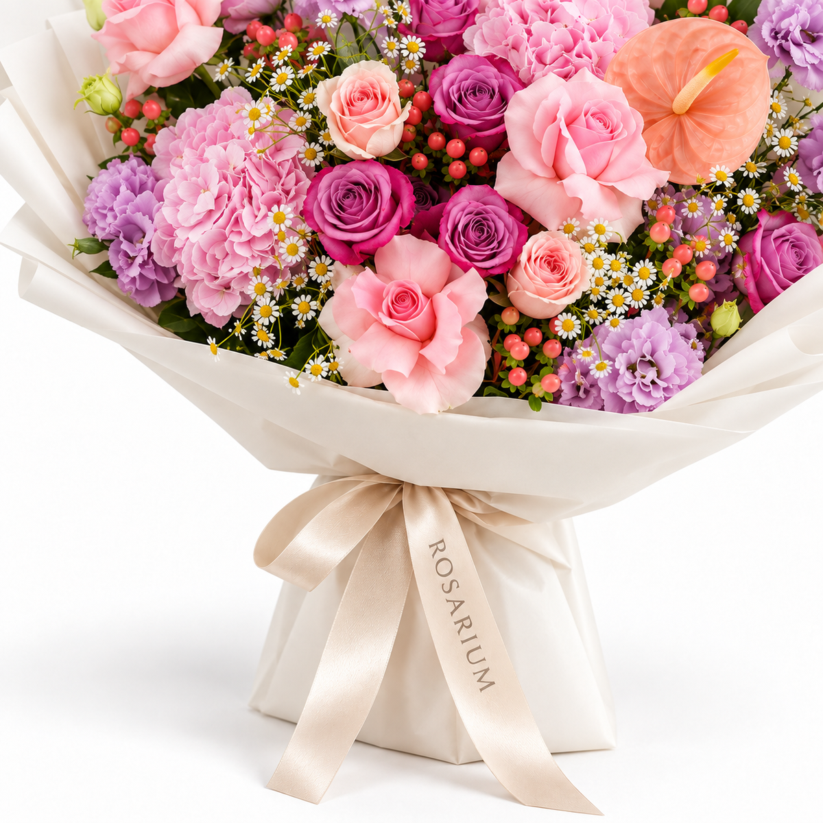 Blush After Dark, deep-purple and pink roses, pink hydrangea, anthuriums and purple lisianthus, packaging detail