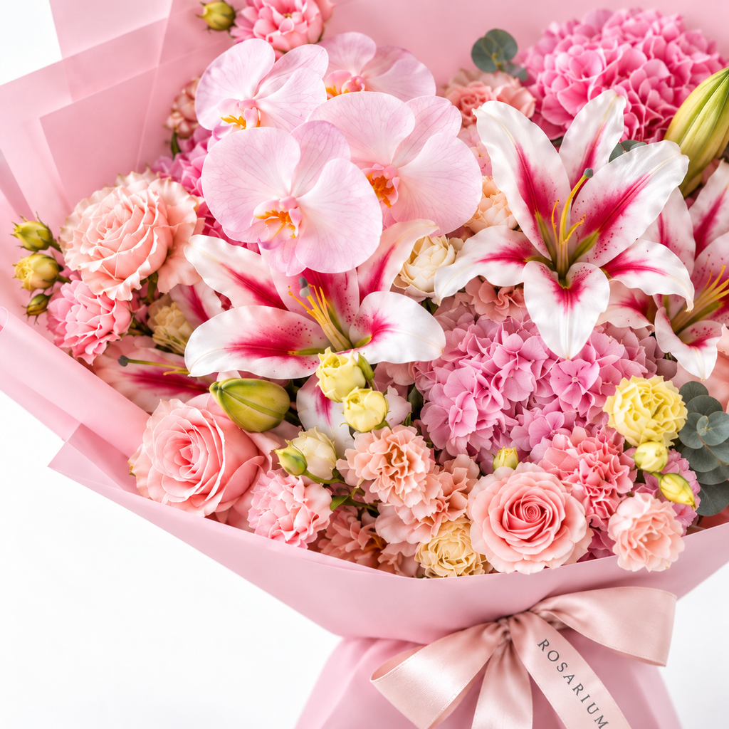 Blush Spectacle, pink orchids, pink and white lilies, blush roses, hydrangea and carnations, floral detail