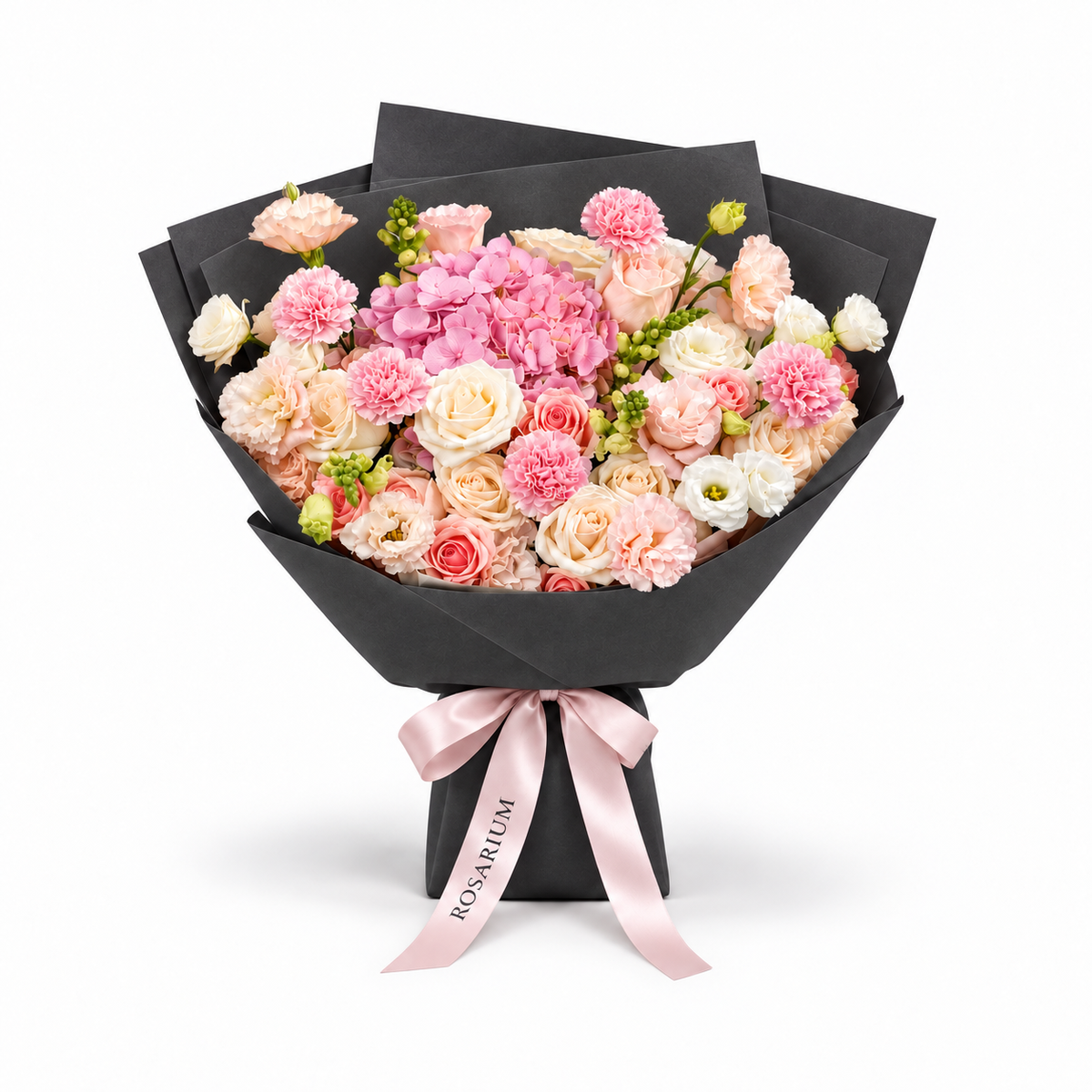 Coral Spark, cream and coral roses, pink hydrangea, carnations and cream lisianthus in black wrapping