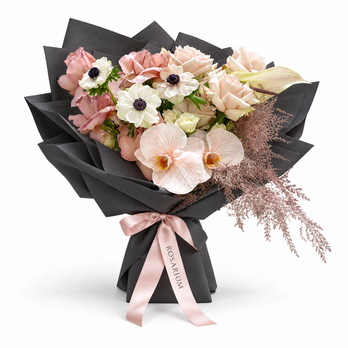 Cream with an Edge, cream and blush roses, white anemones and cream orchids in black wrapping
