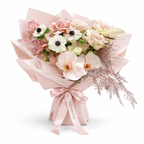 Cream with an Edge, cream and blush roses, white anemones and cream orchids in light pink wrapping