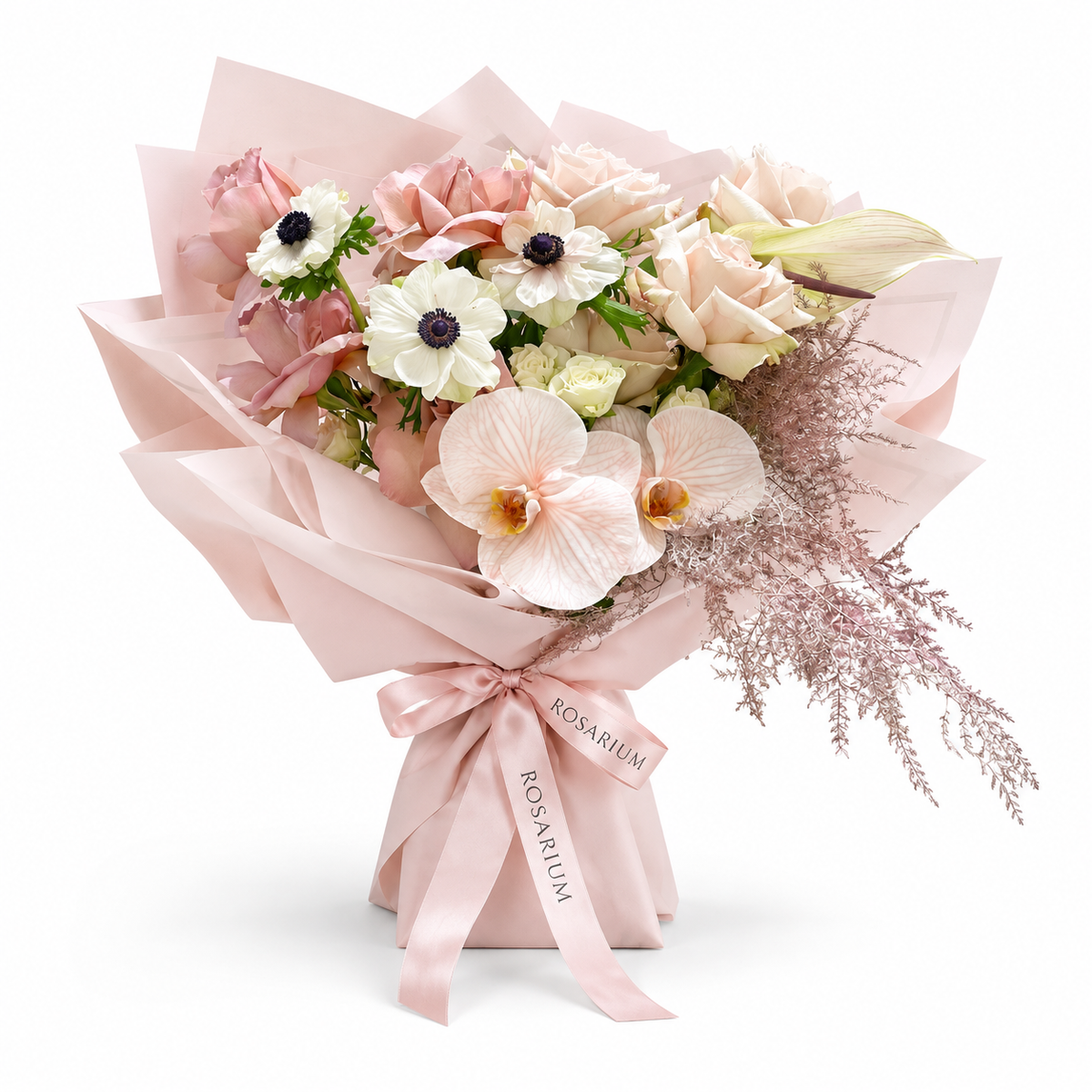 Cream with an Edge, cream and blush roses, white anemones and cream orchids in light pink wrapping