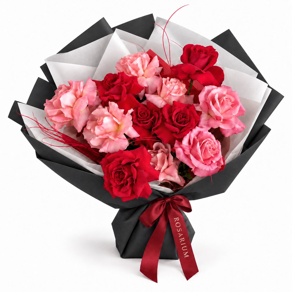 Cupid's Afterparty, red and blush roses in black wrapping