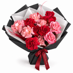 Cupid's Afterparty, red and blush roses in black wrapping