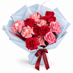 Cupid's Afterparty, red and blush roses in blue wrapping