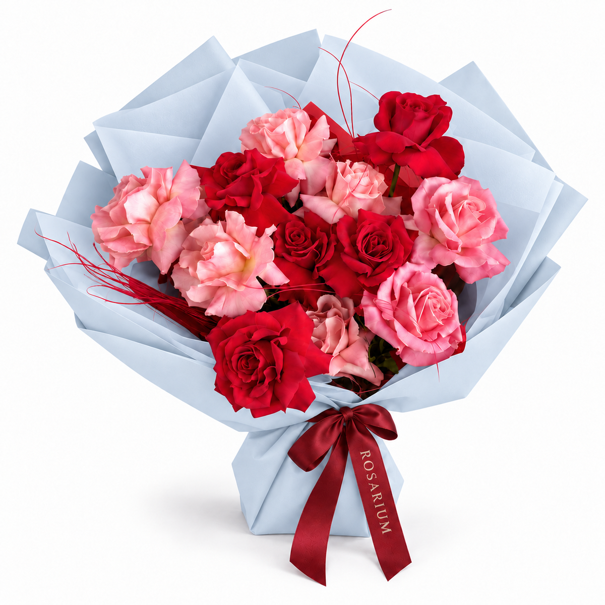 Cupid's Afterparty, red and blush roses in blue wrapping
