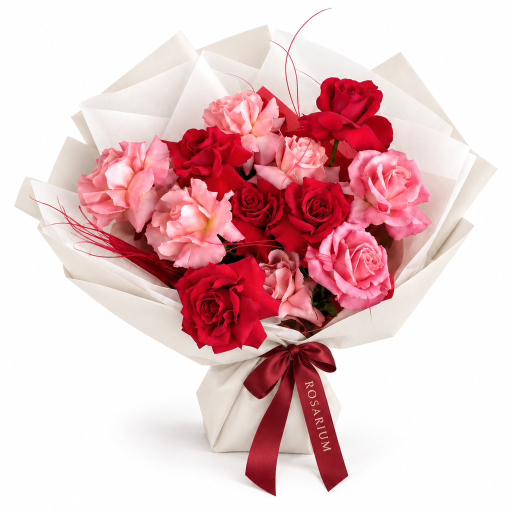 Cupid's Afterparty, red and blush roses in off-white wrapping