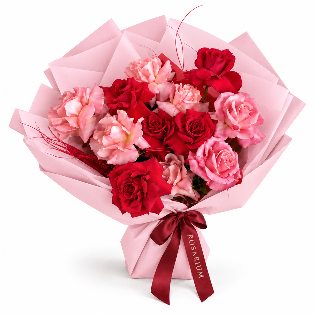 Cupid's Afterparty, red and blush roses in light pink wrapping