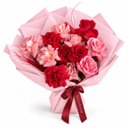 Cupid's Afterparty, red and blush roses in light pink wrapping