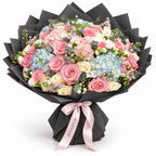 Soft Focus, soft roses and hydrangea in black wrapping