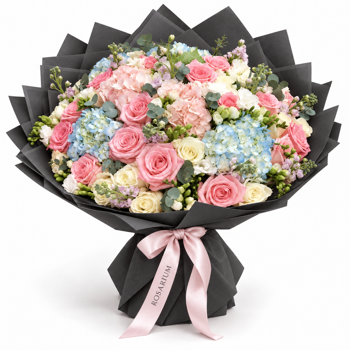 Soft Focus, soft roses and hydrangea in black wrapping