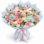 Soft Focus, soft roses and hydrangea in blue wrapping