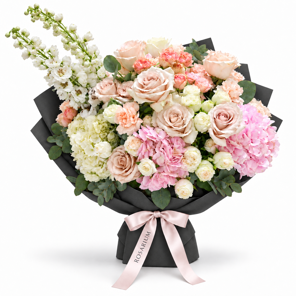 Tender, Always, white and blush garden roses and hydrangea in black wrapping
