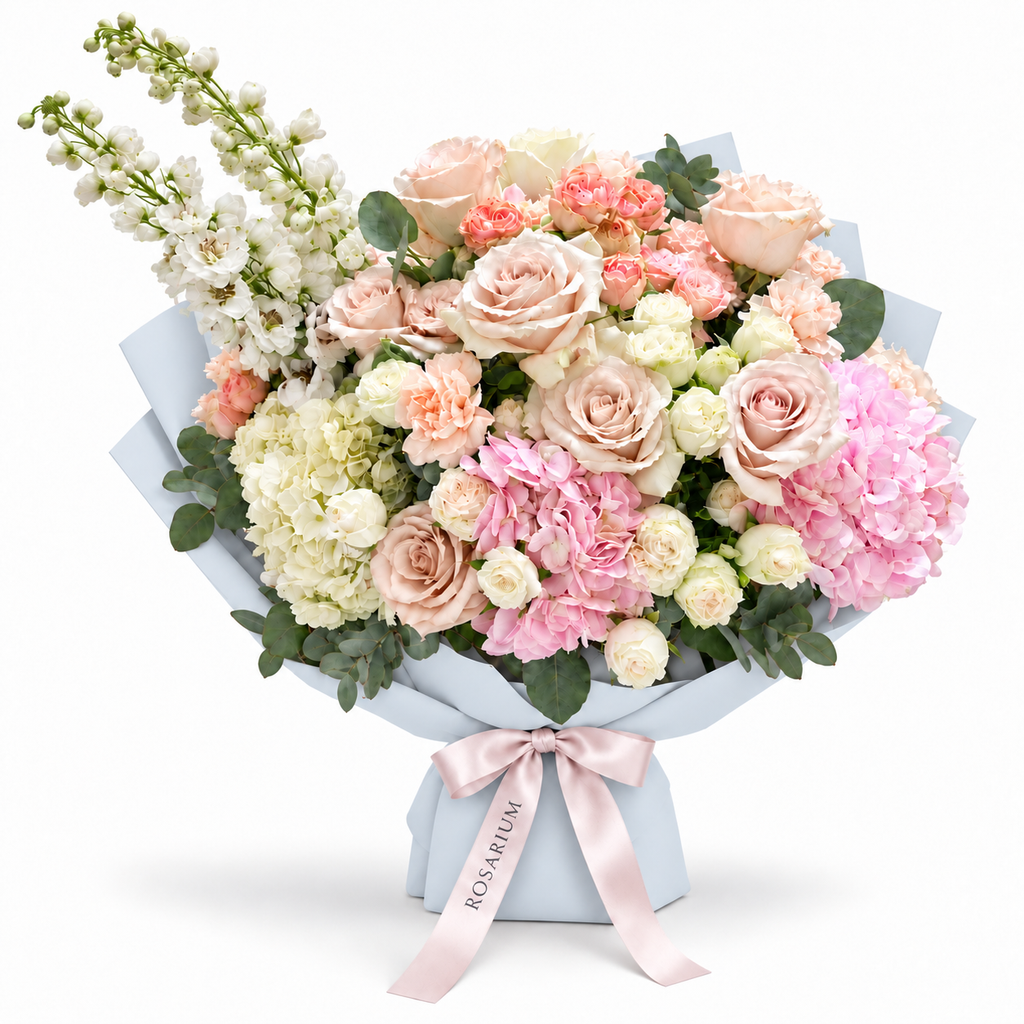 Tender, Always, white and blush garden roses and hydrangea in blue wrapping