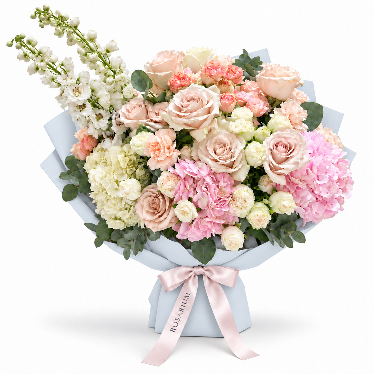 Tender, Always, white and blush garden roses and hydrangea in blue wrapping