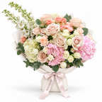Tender, Always, white and blush garden roses and hydrangea in off-white wrapping