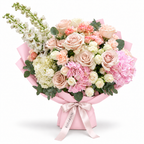 Tender, Always, white and blush garden roses and hydrangea in light pink wrapping