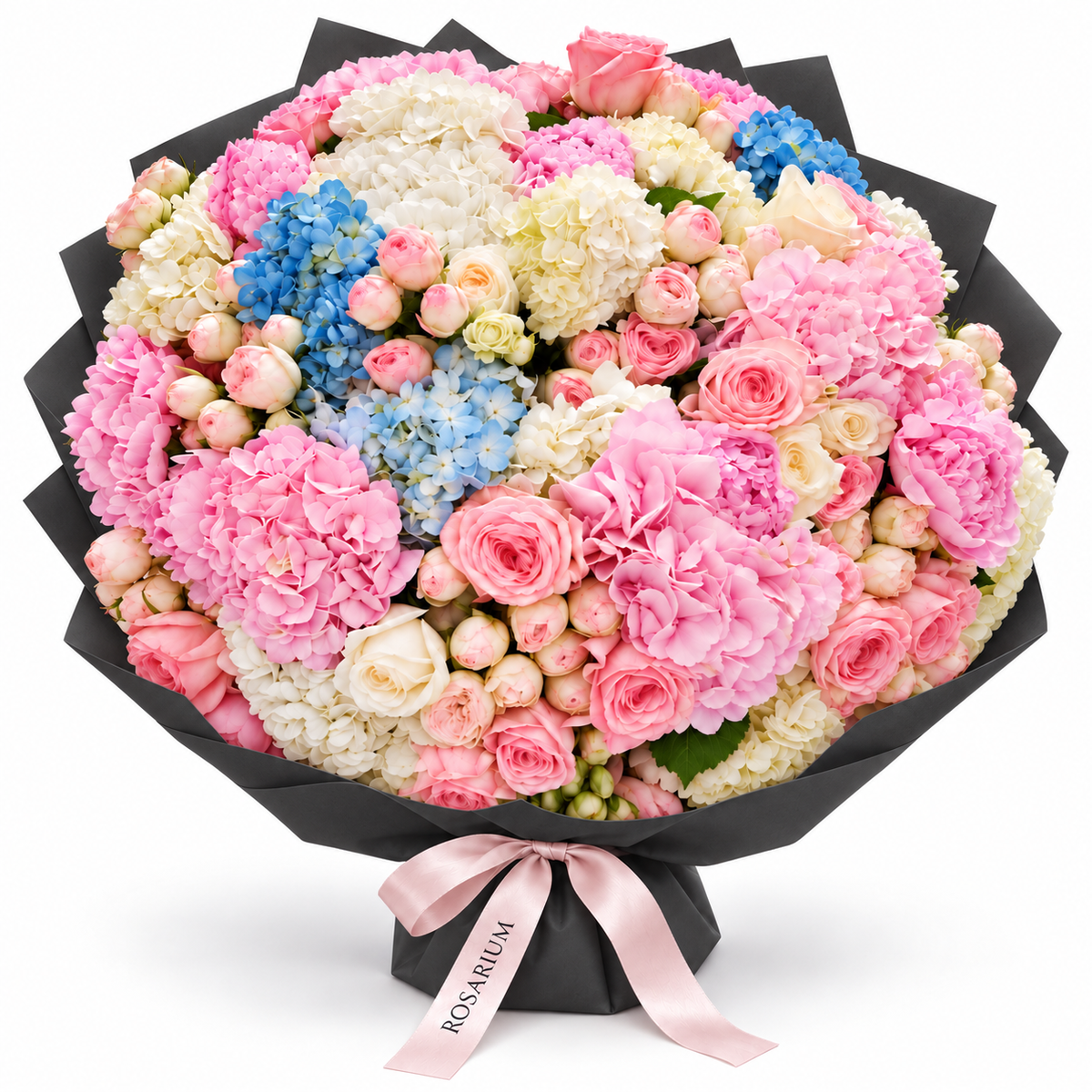 Hydrangea Drama, pink, white and blue hydrangea with blush and cream roses in black wrapping