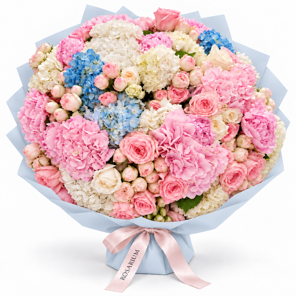 Hydrangea Drama, pink, white and blue hydrangea with blush and cream roses in blue wrapping