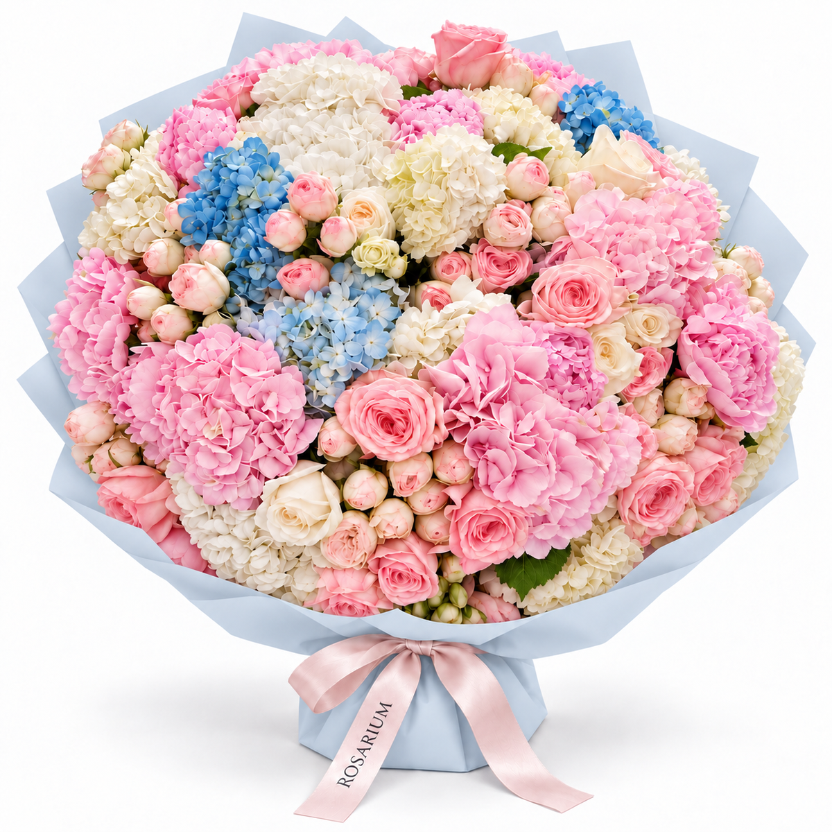 Hydrangea Drama, pink, white and blue hydrangea with blush and cream roses in blue wrapping