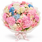 Hydrangea Drama, pink, white and blue hydrangea with blush and cream roses in off-white wrapping