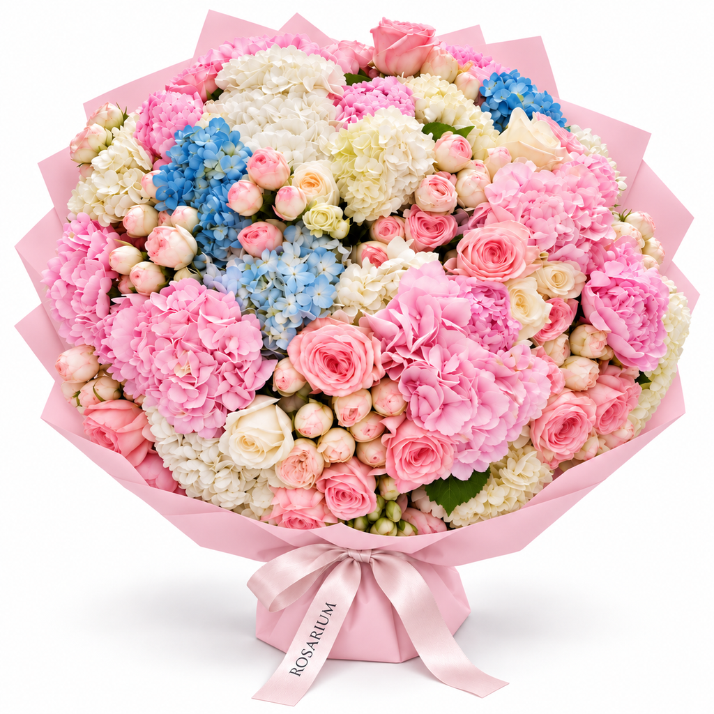 Hydrangea Drama, pink, white and blue hydrangea with blush and cream roses in light pink wrapping