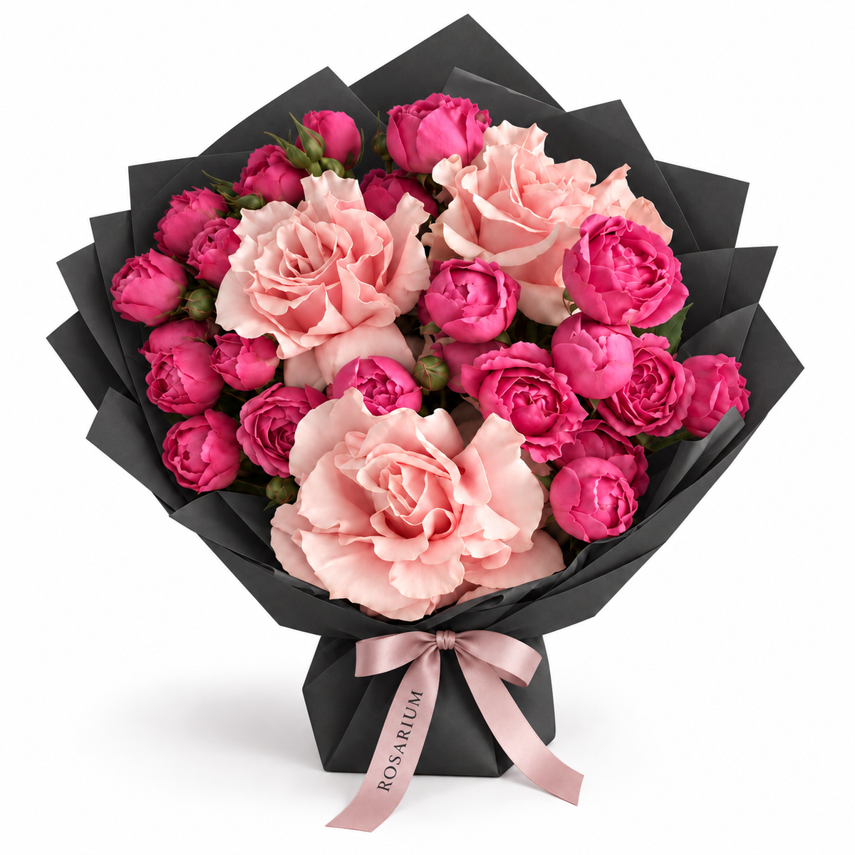 French Ruffle, peony-style spray roses and French roses in black wrapping