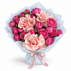 French Ruffle, peony-style spray roses and French roses in blue wrapping