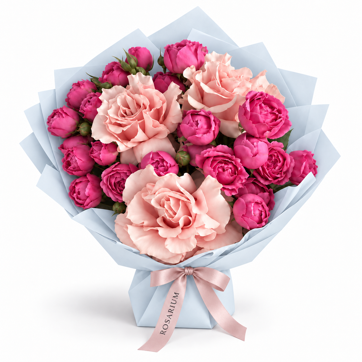 French Ruffle, peony-style spray roses and French roses in blue wrapping