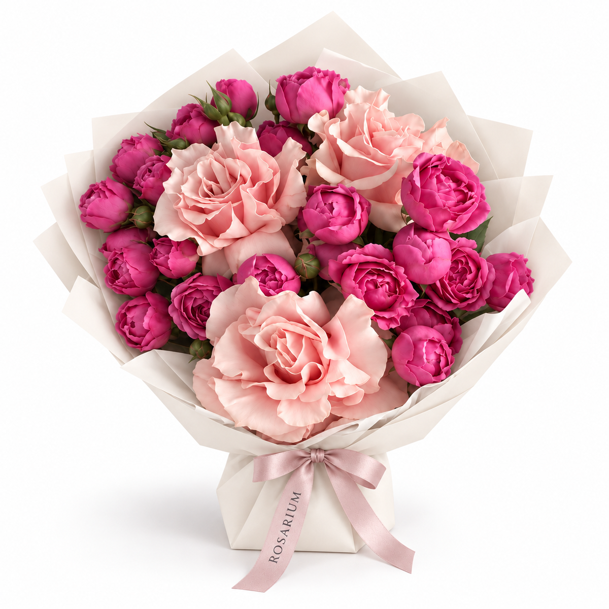French Ruffle, peony-style spray roses and French roses in off-white wrapping