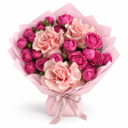 French Ruffle, peony-style spray roses and French roses in light pink wrapping