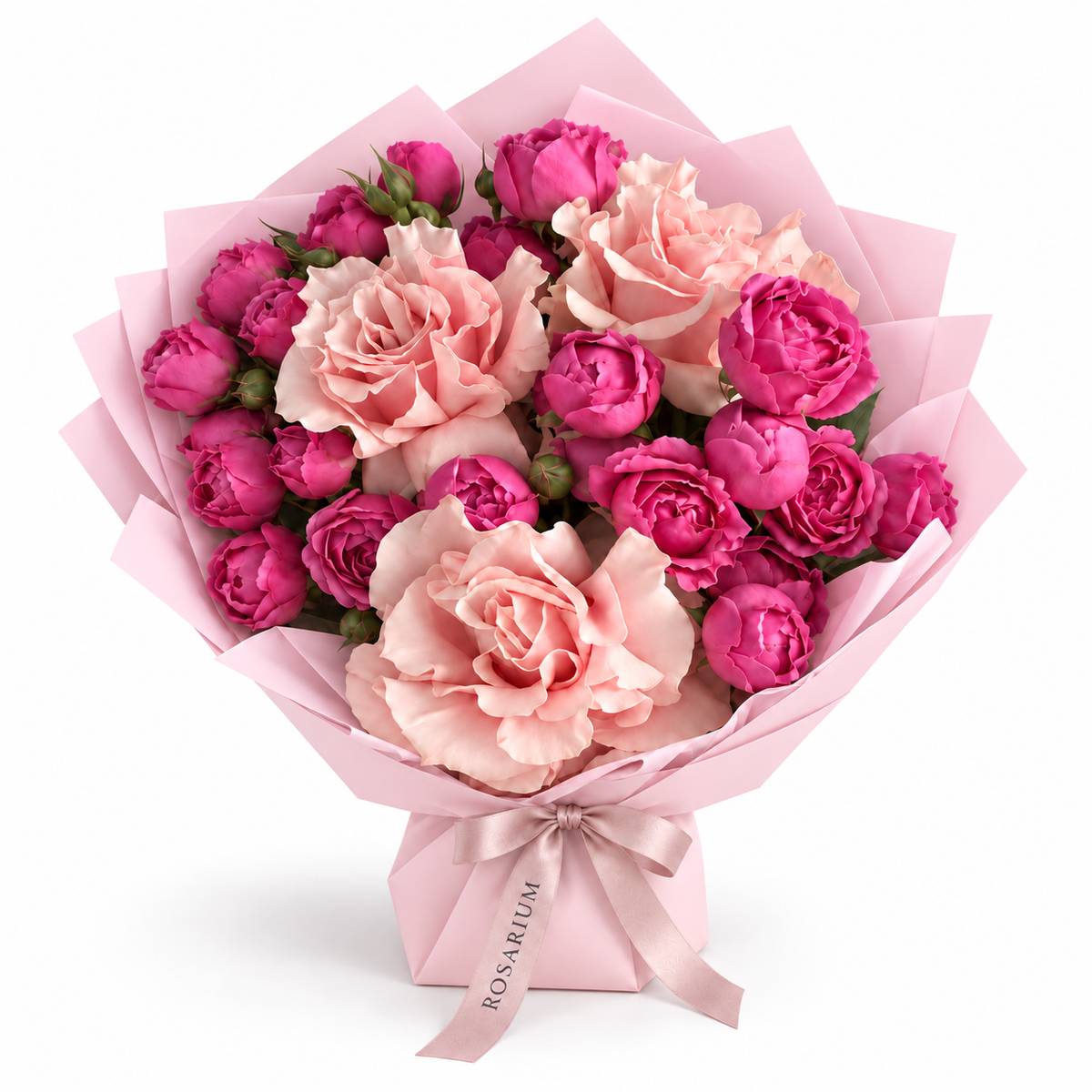 French Ruffle, peony-style spray roses and French roses in light pink wrapping