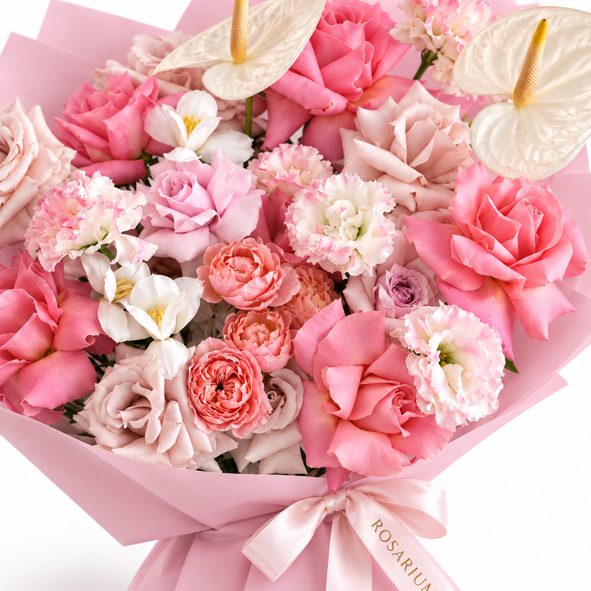 Garden, Untamed, peach and pink roses, white lisianthus, stock and cream anthuriums, floral detail