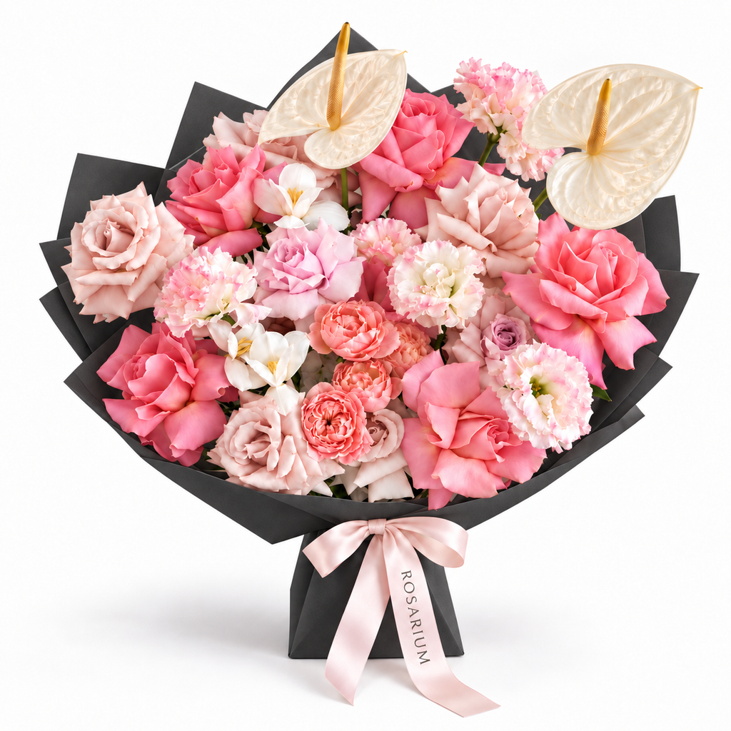 Garden, Untamed, peach and pink roses, white lisianthus, stock and cream anthuriums in black wrapping
