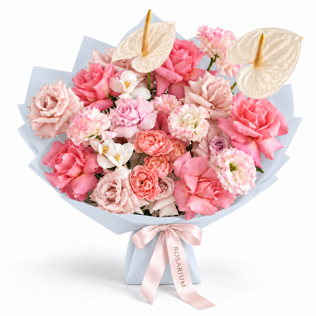 Garden, Untamed, peach and pink roses, white lisianthus, stock and cream anthuriums in blue wrapping
