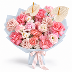 Garden, Untamed, peach and pink roses, white lisianthus, stock and cream anthuriums in blue wrapping