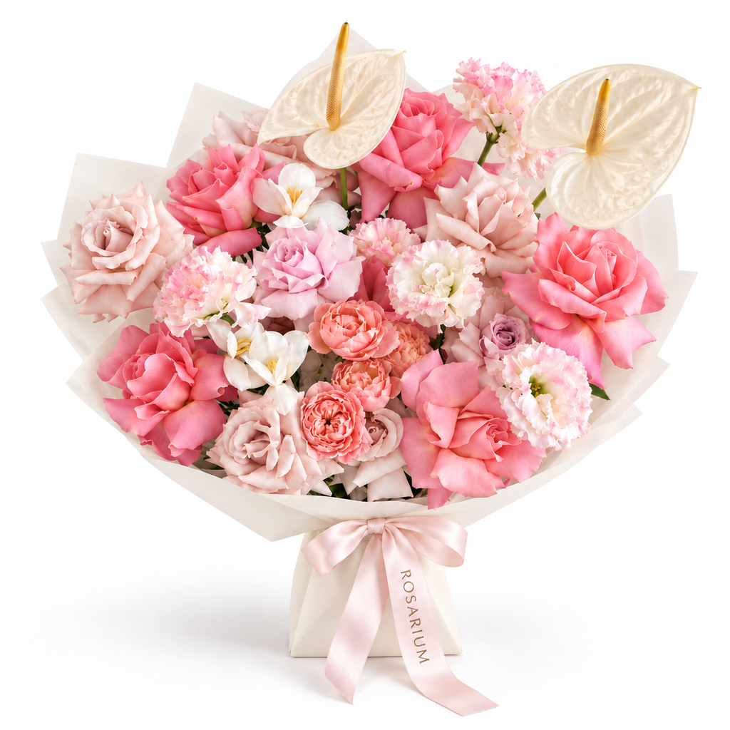 Garden, Untamed, peach and pink roses, white lisianthus, stock and cream anthuriums in off-white wrapping