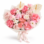 Garden, Untamed, peach and pink roses, white lisianthus, stock and cream anthuriums in off-white wrapping