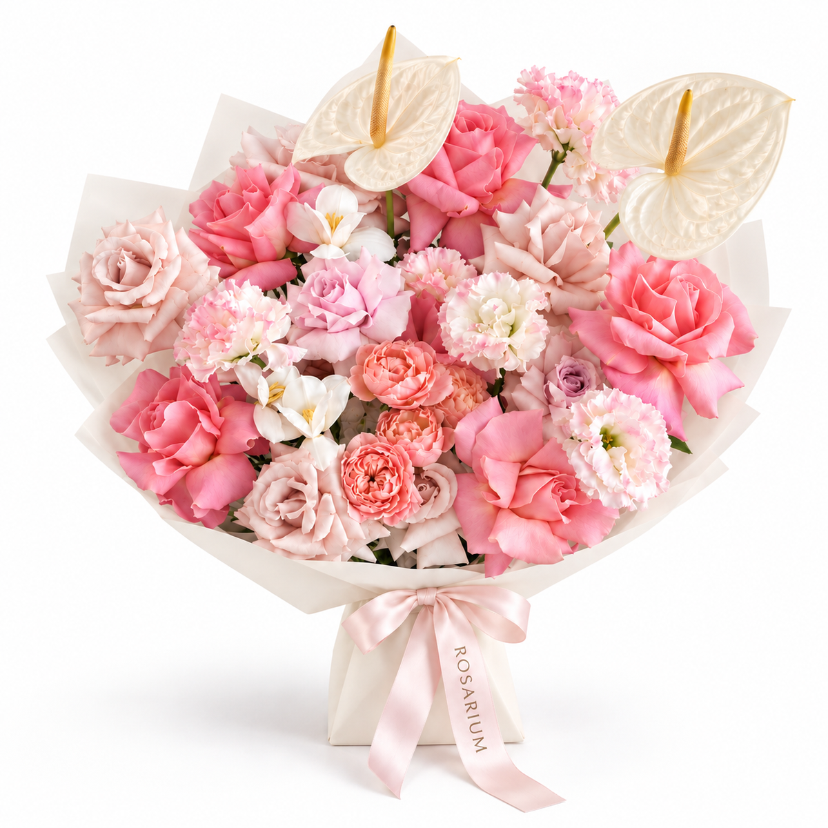 Garden, Untamed, peach and pink roses, white lisianthus, stock and cream anthuriums in off-white wrapping