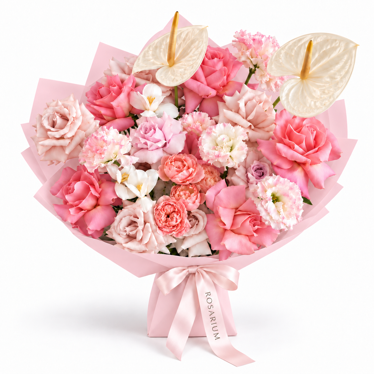 Garden, Untamed, peach and pink roses, white lisianthus, stock and cream anthuriums in light pink wrapping