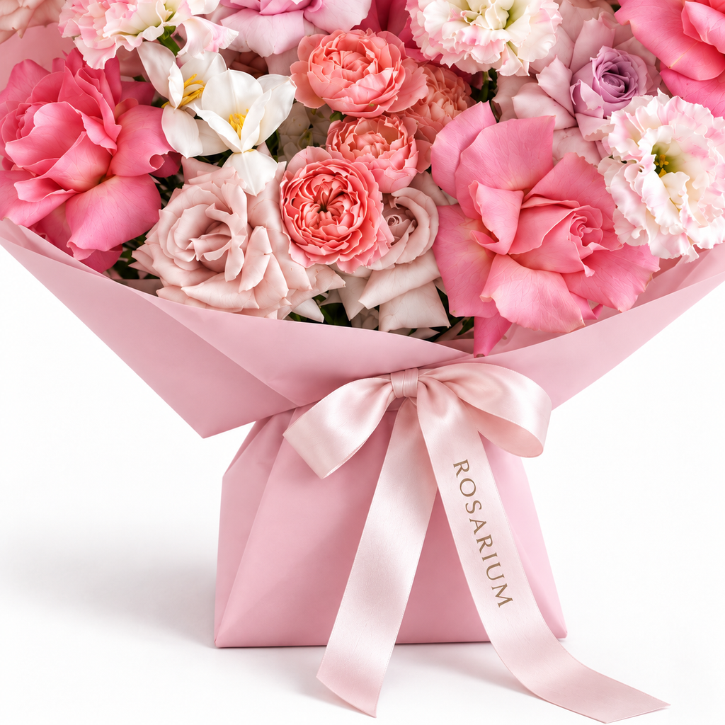 Garden, Untamed, peach and pink roses, white lisianthus, stock and cream anthuriums, packaging detail