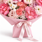 Garden, Untamed, peach and pink roses, white lisianthus, stock and cream anthuriums, packaging detail