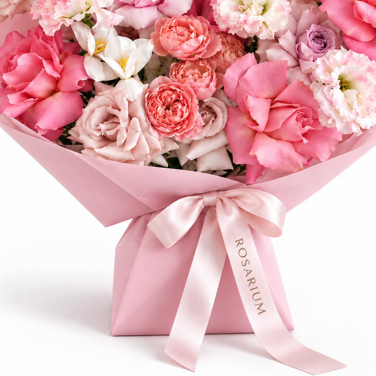 Garden, Untamed, peach and pink roses, white lisianthus, stock and cream anthuriums, packaging detail