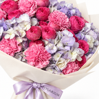 Lavender Hush, lavender hydrangea, blush roses and pink carnations, floral detail