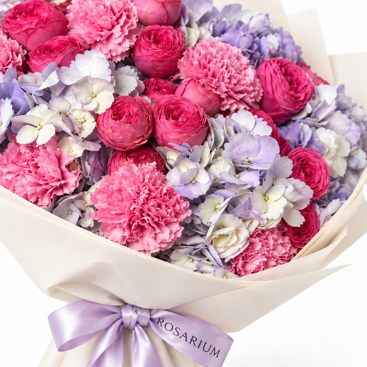 Lavender Hush, lavender hydrangea, blush roses and pink carnations, floral detail