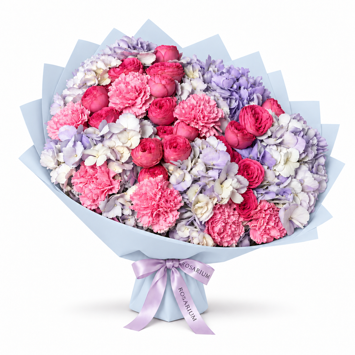 Lavender Hush, lavender hydrangea, blush roses and pink carnations in blue wrapping