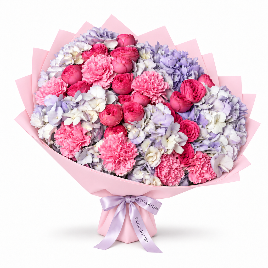 Lavender Hush, lavender hydrangea, blush roses and pink carnations in light pink wrapping